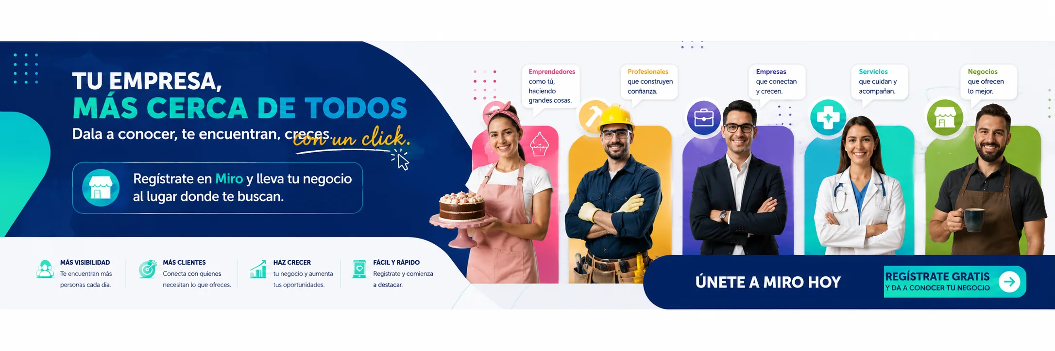 Tu empresa, más cerca de todos. Dala a conocer, te encuentran, creces. Regístrate en MiroApps y lleva tu negocio al lugar donde te buscan: más visibilidad, más clientes, fácil y rápido.